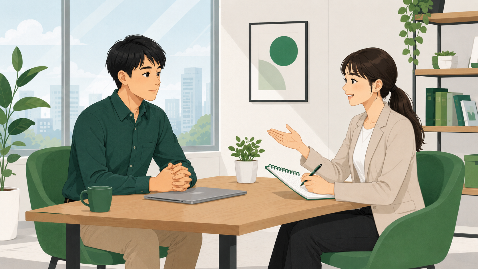 エンジニアが面接官役の人物と模擬面接を行っている様子のイラスト。繰り返しの練習で準備を積むプロセスを表した図解。